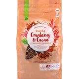 Woolworths Granola Cacao Cranberry, a crunchy blend of oats, cacao, cranberries, and seeds for a nutritious breakfast or snack.