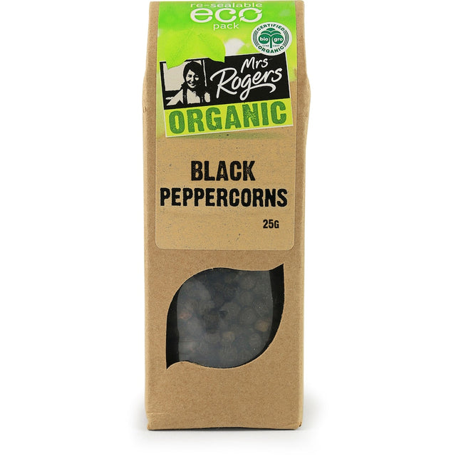 Mrs Rogers Eco Pack Black Peppercorns, organic, sundried berries for seasoning meats with sharp heat and citrus notes.