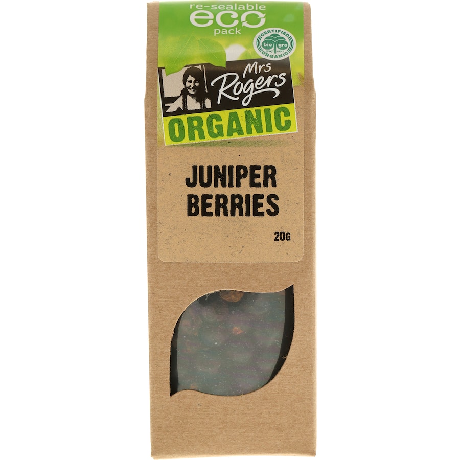 Mrs Rogers Eco Pack Juniper Berries Organic features dark purple, aromatic berries ideal for enhancing dishes and flavoring meats.