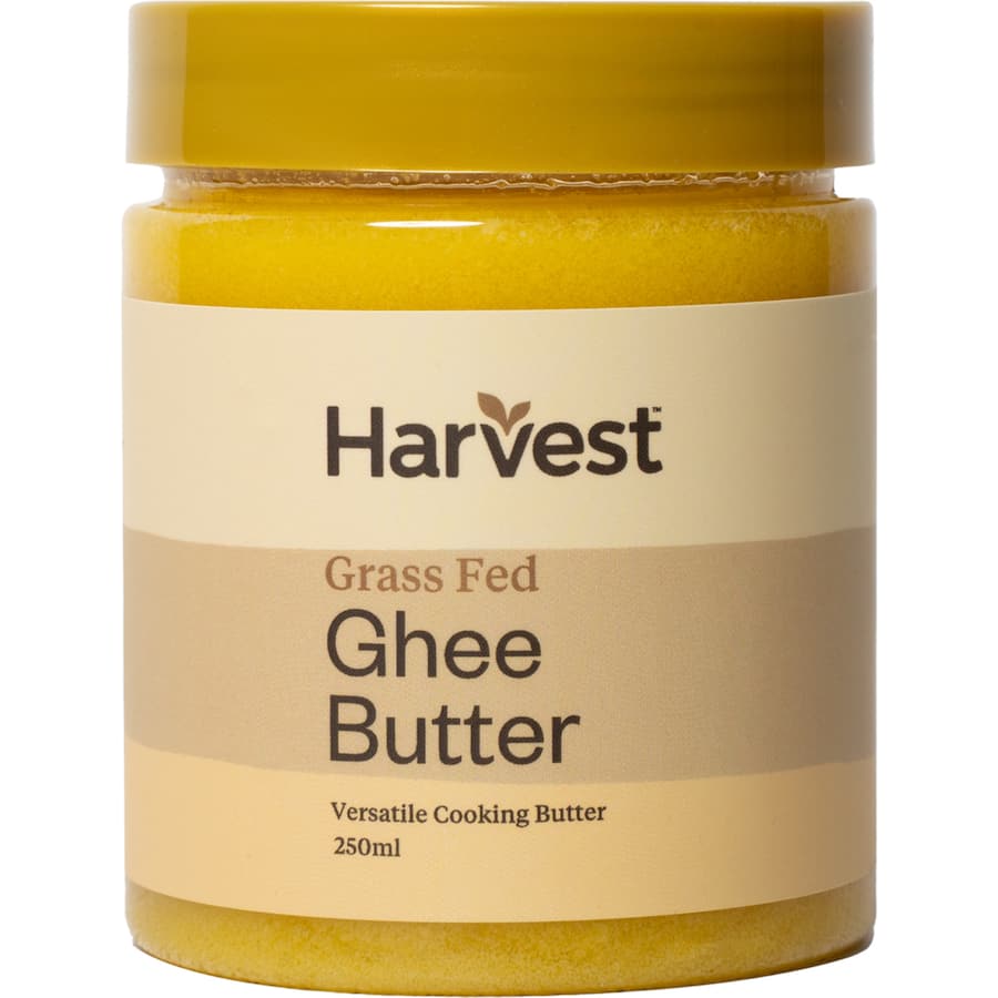 Harvest Grass Fed Ghee Butter in a jar, showcasing its rich, nutty flavor for versatile cooking and diets.