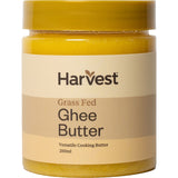 Harvest Grass Fed Ghee Butter in a jar, showcasing its rich, nutty flavor, perfect for cooking and dietary needs.