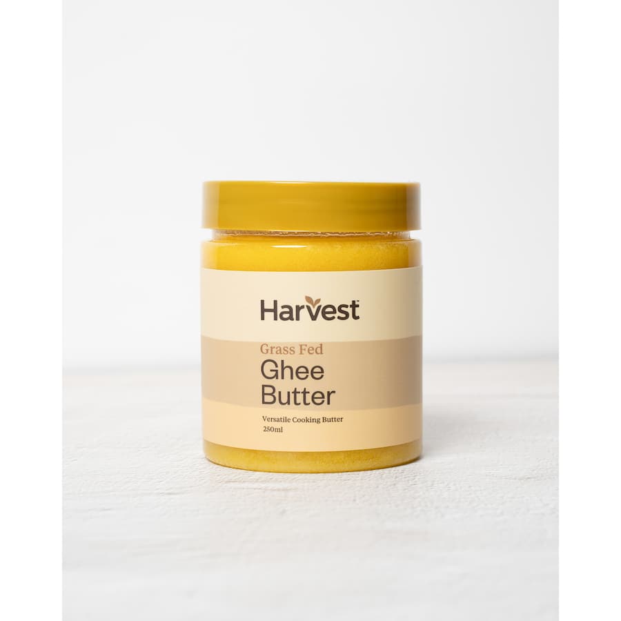 Harvest Grass Fed Ghee Butter in a jar, showcasing rich nutty flavor, ideal for keto and paleo diets, great for cooking and spreading.