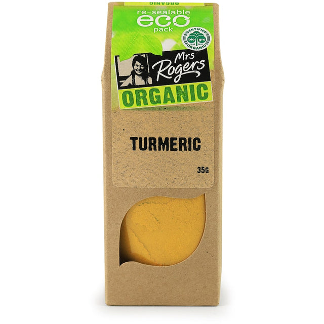 Mrs Rogers Eco Pack Turmeric Ground Organic, a vibrant spice for curries and rice, promoting health with its earthy flavor.