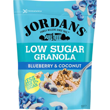 Jordans Granola Low Sugar Blueberry Coconut with crunchy clusters, almonds, hazelnuts, and bursts of blueberry and coconut flavor.