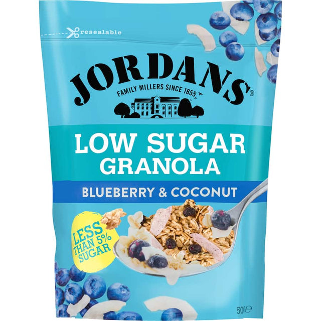 Jordans Granola Low Sugar Blueberry Coconut with crunchy clusters, almonds, hazelnuts, and bursts of blueberry and coconut flavor.