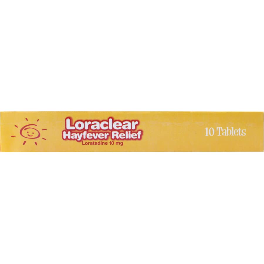 Loraclear Hayfever Relief: fast-acting antihistamine for runny noses, itchy eyes, and sneezing, providing 24-hour allergy protection.