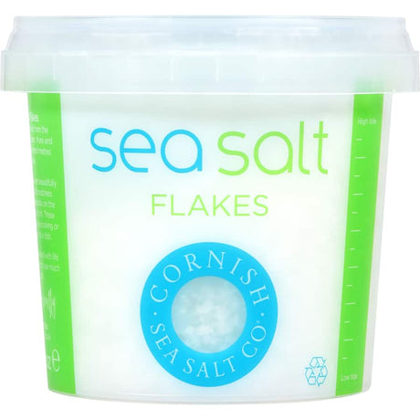 Hand-harvested Cornish Sea Salt Flakes, mineral-rich, white flakes for enhancing dishes with a delicate crunch and oceanic flavor.