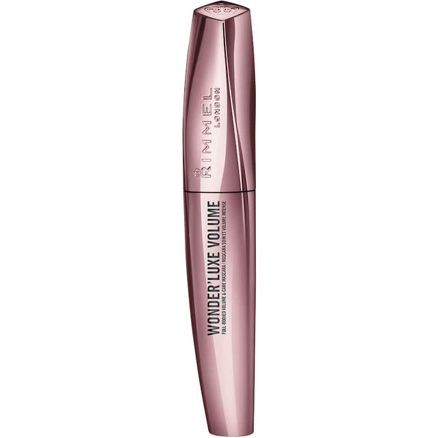 Rimmel Wonder Luxe Mascara in Black, featuring a precision brush for voluminous, smooth lashes with rich, creamy formula.