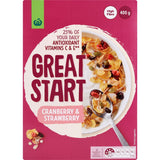 Woolworths Great Start Antioxidant Cereal with oats, cranberries, and strawberries for a nutritious, fiber-rich breakfast.