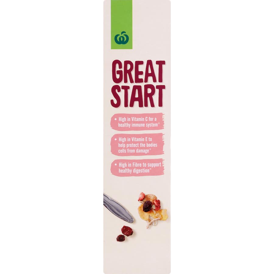 Woolworths Great Start Antioxidant Cereal with oats, cranberries, and strawberries for a nutritious, energizing breakfast.