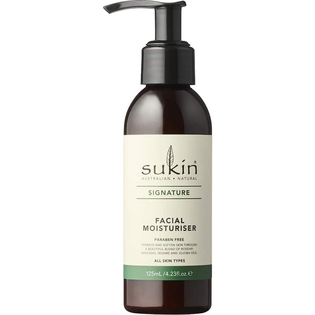 Lightweight Sukin Facial Moisturiser hydrates, refreshes, and smooths skin with aloe vera, wheat germ, and vitamin E.