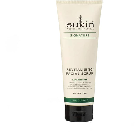 Sukin Facial Scrub Revitalising with bamboo and walnut extracts gently exfoliates for smooth, radiant skin.