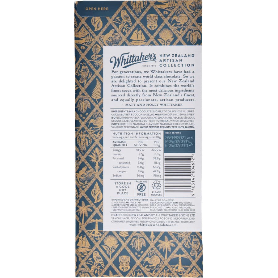 Whittakers chocolate block featuring crunchy caramel brittle and Marlborough sea salt in smooth 33% cocoa milk chocolate.