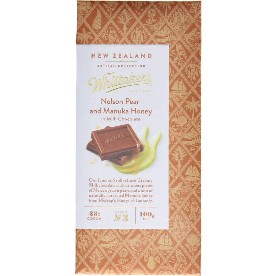 Luxurious Whittaker's chocolate bar with Nelson pears, Manuka honey, and creamy 33% cocoa milk chocolate in a 100g block.