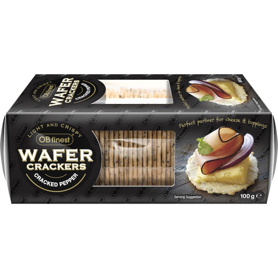 Ob Finest Crackers Black Pepper Wafers: light, crisp gourmet wafers perfect for elevating cheese boards and snacks.