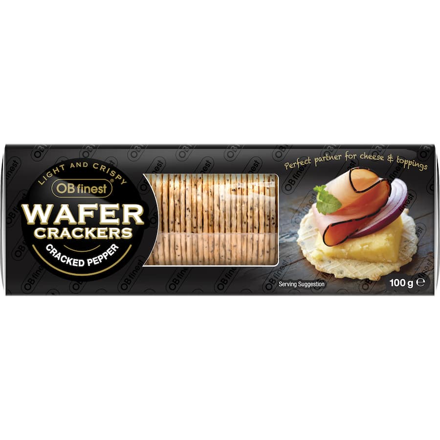 Ob Finest Black Pepper Wafers, light and crisp gourmet crackers perfect for cheese boards and entertaining.