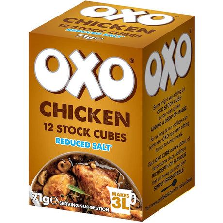 Oxo Chicken Stock Reduced Salt Cubes 71g for enhancing flavors in soups and stews while maintaining a lower salt intake.