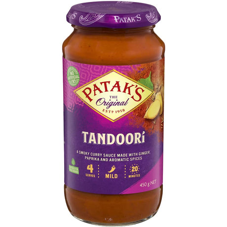 Patak's Tandoori Simmer Sauce: mild smoky curry sauce with ginger, perfect for quick and flavorful Indian meals at home.