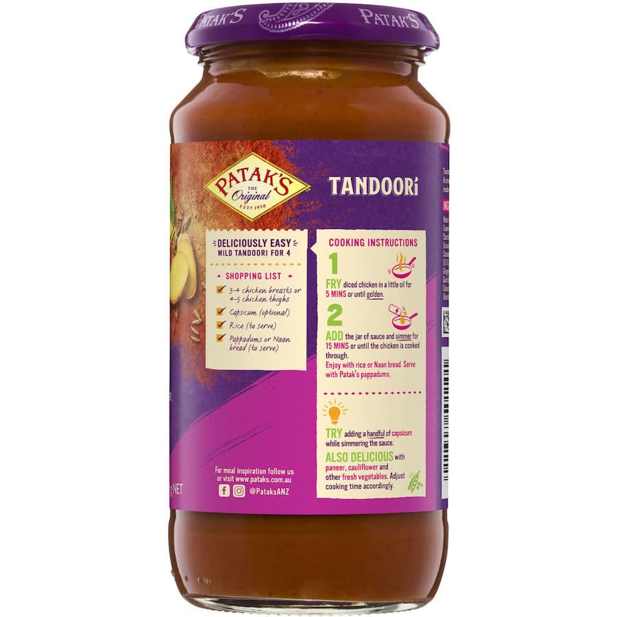 Patak's Tandoori Simmer Sauce jar showcasing mild, smoky curry sauce made with ginger and spices for easy, authentic Indian meals.