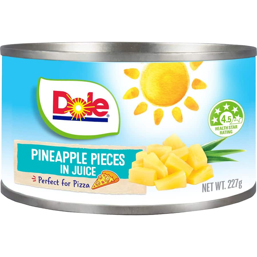 Dole Pineapple Pieces in Juice, ideal for sweet or savory dishes, offering tropical flavor in convenient canned form.