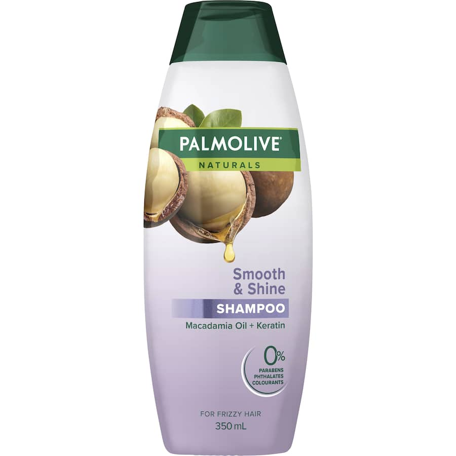 Palmolive Naturals Shampoo Smooth & Shine for frizzy hair, infused with Macadamia Oil and Keratin for sleek, glossy results.