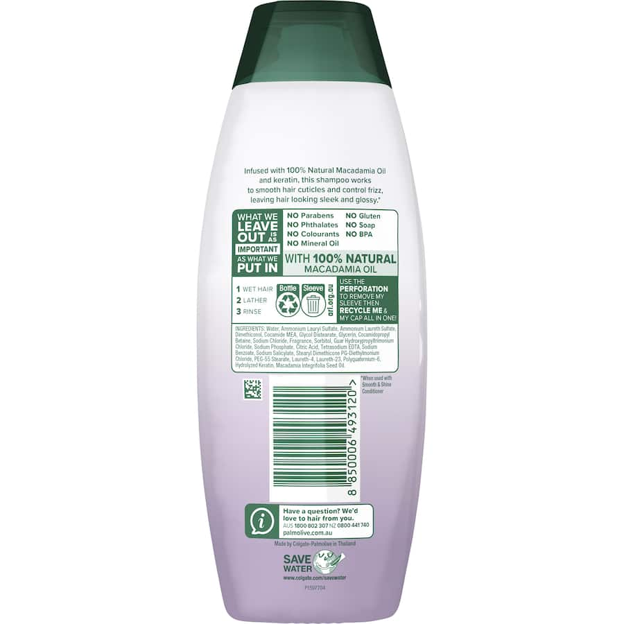 Palmolive Naturals Shampoo for frizzy hair, infused with Macadamia Oil and Keratin for smooth, glossy, and defined styles.