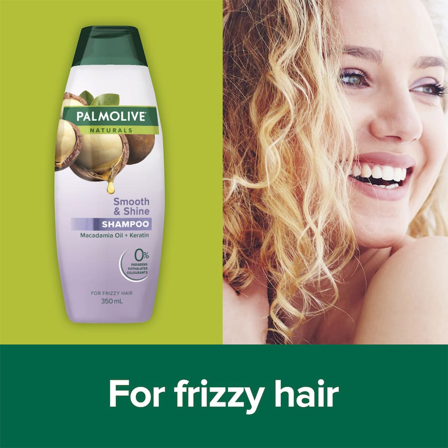 Palmolive Naturals Shampoo Smooth & Shine: Infused with Macadamia Oil and Keratin for silky, frizz-free, glossy hair.