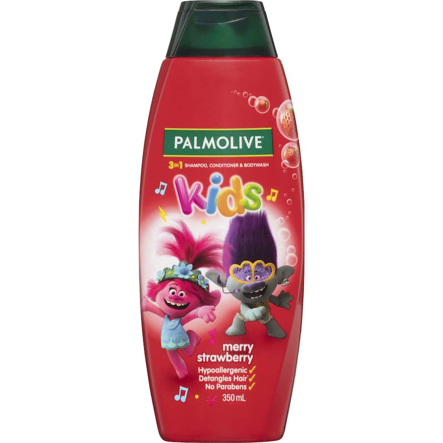 Palmolive Kids 3 In 1 Merry Strawberry bodywash, shampoo, and conditioner for gentle cleansing and detangling.