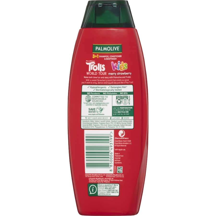 Palmolive Kids 3 in 1 Merry Strawberry bodywash, shampoo, and conditioner for gentle cleansing and detangling.