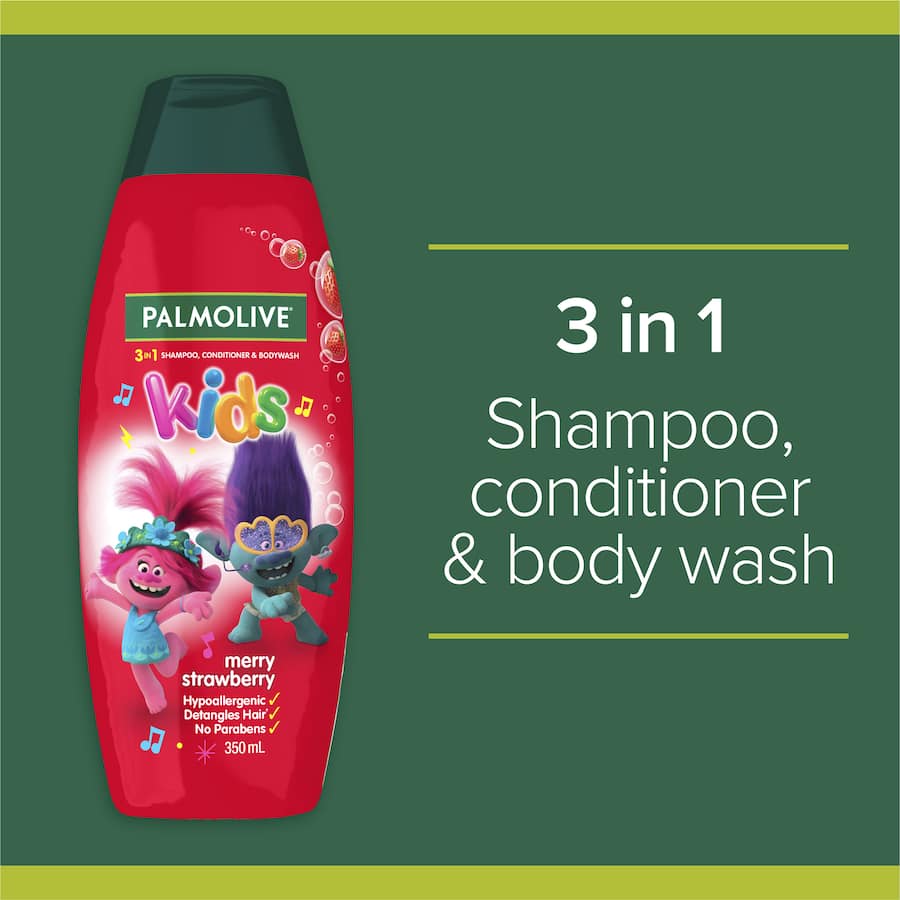 Palmolive Kids 3 in 1 Bodywash, Shampoo & Conditioner in Merry Strawberry for gentle cleansing and fruity fragrance.