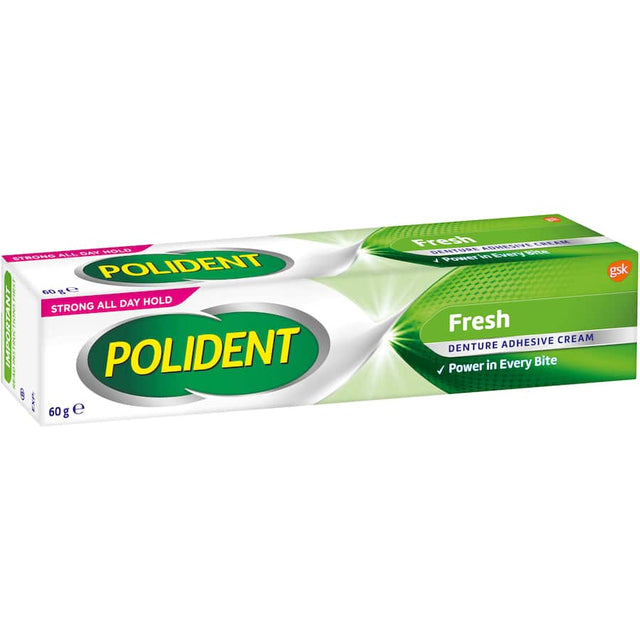 Polident Fresh Mint Denture Adhesive Cream ensures all-day hold and freshness, keeping dentures secure and comfortable.