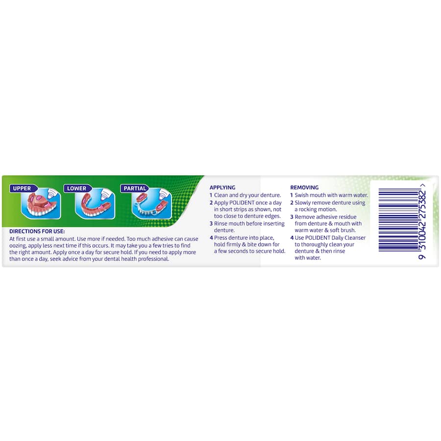 Polident Denture Adhesive Cream in Fresh Mint offers all-day secure hold, enhancing comfort with a refreshing mint flavor.