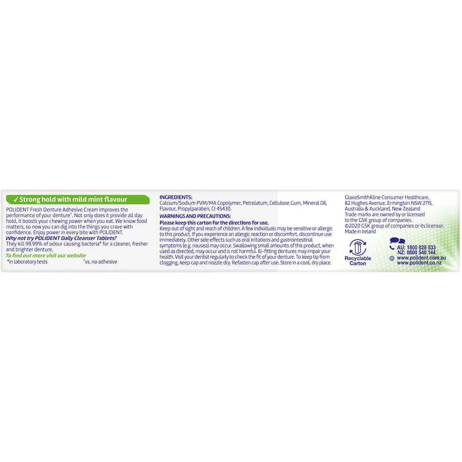Polident Denture Adhesive Cream in Fresh Mint ensures strong all-day hold and comfort for dentures, with a refreshing mint flavor.