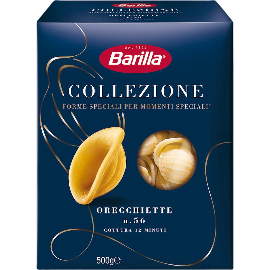 Barilla Pasta Orecchiette, shell-shaped pasta from Puglia, ideal for sauces and Italian dishes, made from 100% durum wheat.