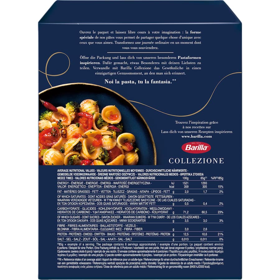 Barilla Pasta Orecchiette, shell-shaped, authentic Italian pasta made from 100% durum wheat, perfect for various sauces.