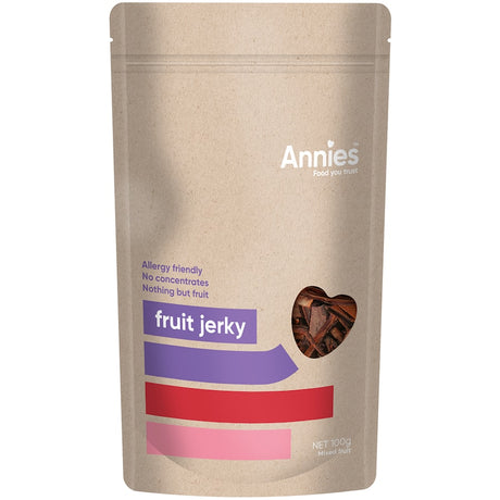 Annie's Fruit Snack Fruit Jerky, chewy fruit slices made from real fruits, packed with vitamins and natural flavors.