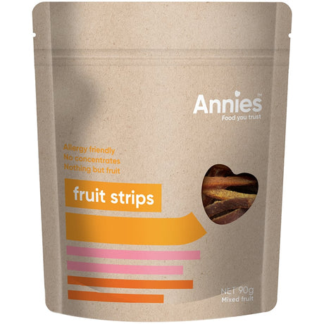 Annie's Fruit Snack Strips, made with real fruit and vitamins, perfect for healthy on-the-go snacking.