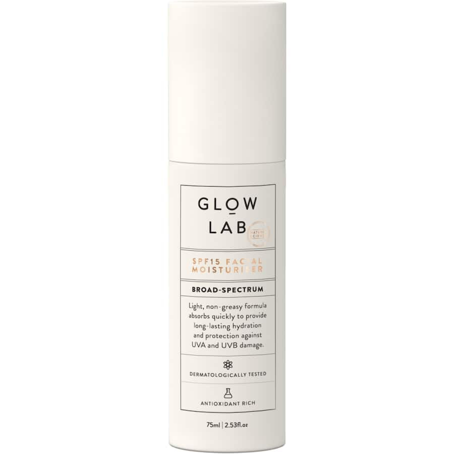 Hydrating Glow Lab Facial Moisturiser SPF15 with Macadamia and Rosehip oils for sun protection and radiant skin.