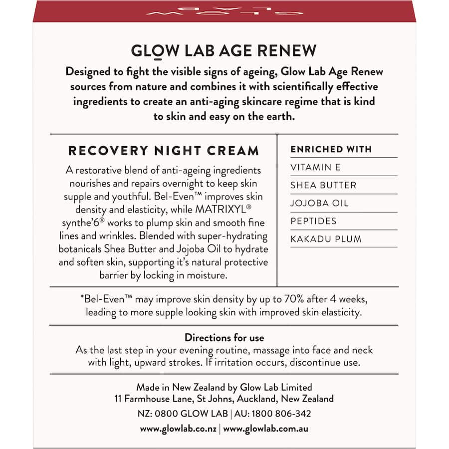 Glow Lab Age Renew Night Cream Recovery enhances skin elasticity and hydrates overnight for a youthful, radiant complexion.