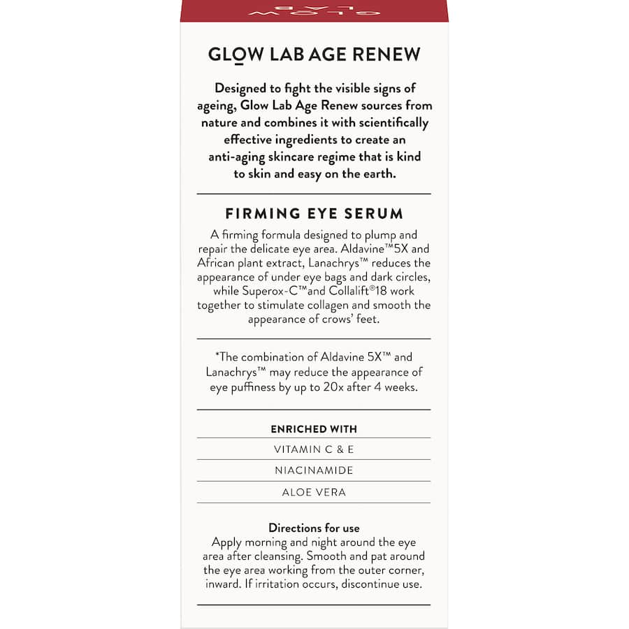 Glow Lab Age Renew Eye Serum Firming, an advanced formula to reduce under-eye bags, dark circles, and fine lines.