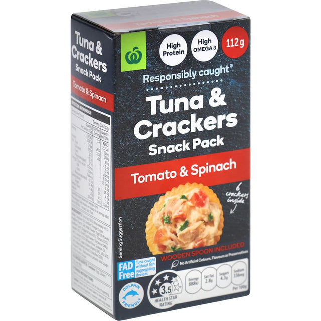 Woolworths Tuna & Crackers in Tomato & Spinach flavor, featuring a tuna dip and 6 crunchy, wholesome wheat crackers.