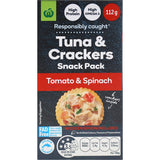 Woolworths Tuna & Crackers in Tomato & Spinach flavor, featuring a creamy tuna dip and crispy wheat crackers for a nutritious snack.