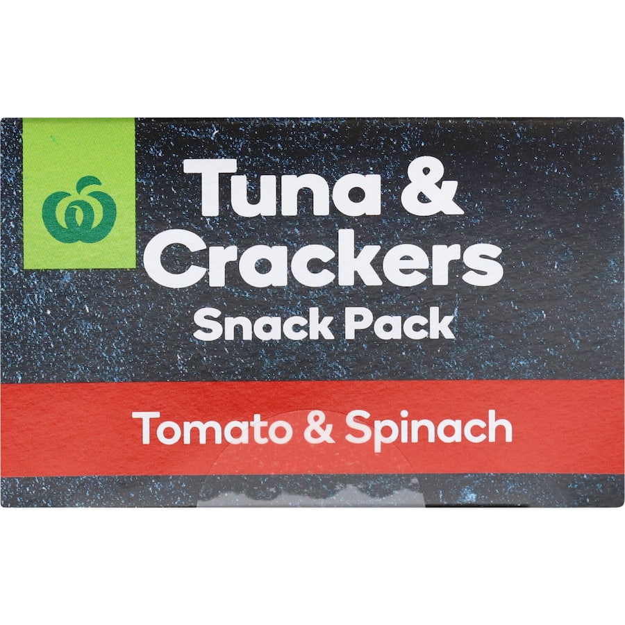 Woolworths Tuna & Crackers in Tomato & Spinach flavour, a nutritious on-the-go snack with protein-rich tuna dip and crispy crackers.