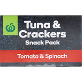 Woolworths Tuna & Crackers in Tomato & Spinach flavour, a nutritious on-the-go snack with protein-rich tuna dip and crispy crackers.