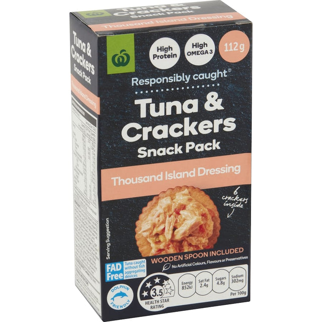 Woolworths Tuna & Crackers in Thousand Island flavor, featuring rich tuna and crispy crackers for a convenient, tasty snack.