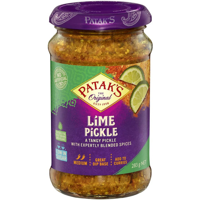 Tangy Patak's Pickle Lime Medium, made with juicy limes and spices, perfect for enhancing Indian dishes and dips.