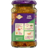 Tangy Patak's Pickle Lime Medium, crafted from juicy limes and spices, enhances meals with medium heat and low sugar.