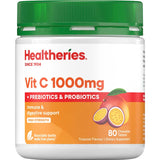 Healtheries Vitamin C with Probiotics 1000mg capsules, designed for immune support and gut health enhancement.