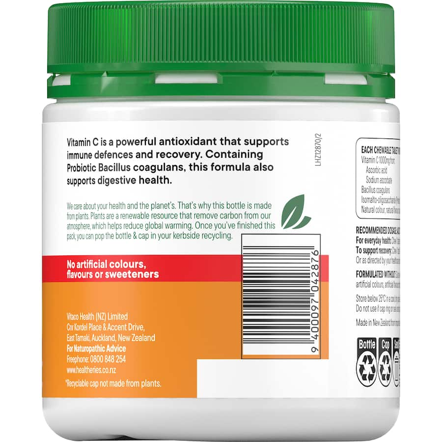 Healtheries Vitamin C with Probiotics 1000mg capsules enhance immunity and gut health with natural ingredients.