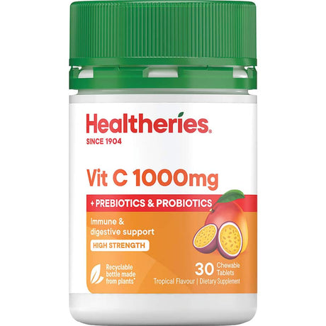 Healtheries Vitamin C With Biotics 1000mg, an immune-boosting dietary supplement with antioxidants and beneficial biotics.